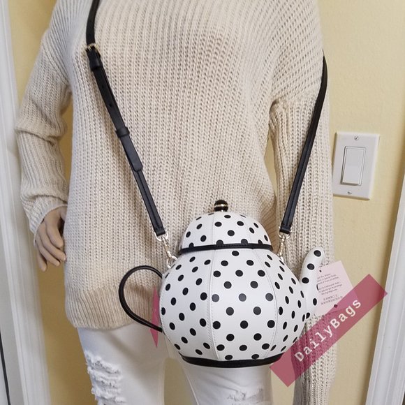 NWT KATE SPADE 100% AUTHENTIC TEAPOT CROSSBODY BLACK POLKA DOTS WHITE TEAPOT - Picture 4 of 10